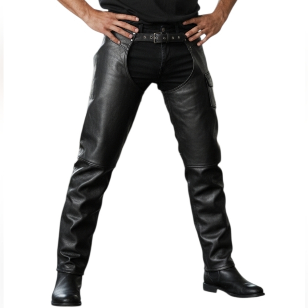 USA Bikers Men’s Black Leather Motorcycle Chaps Buckle Front Tie Back Gear XXXL
